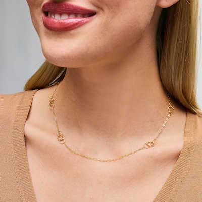 1.5mm Paper Clip Chain with Trio Circle Station Necklace in Hollow 14K Gold - 16"