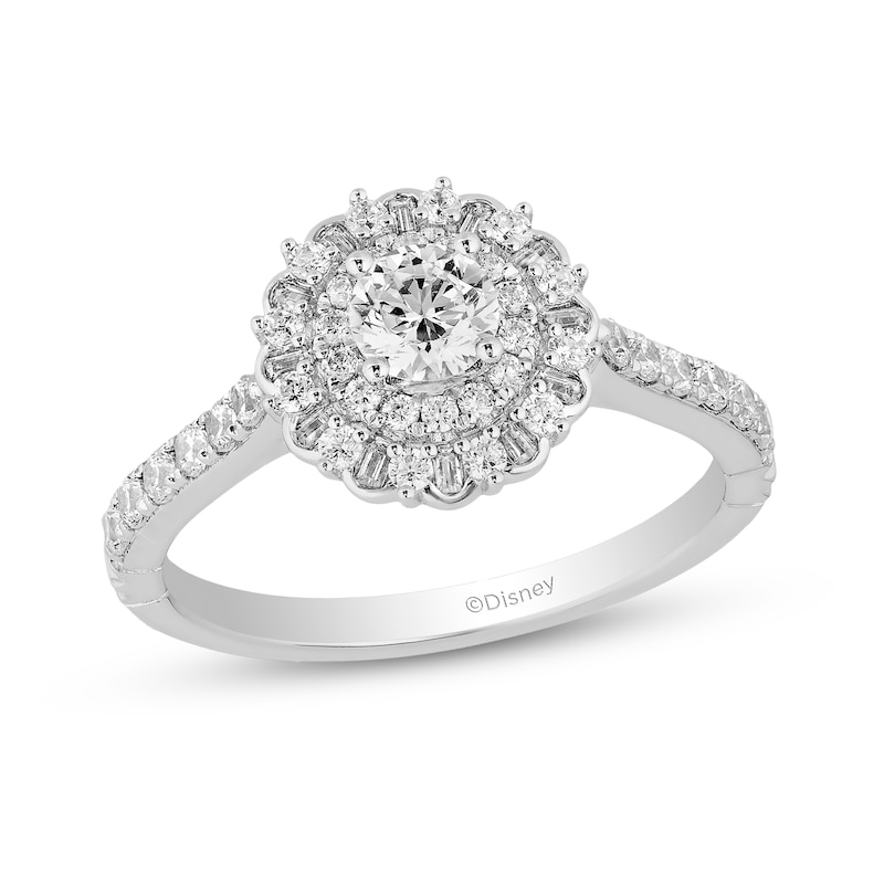 Main Image 1 of Enchanted Disney Majestic Princess 0.95 CT. T.W. Diamond Double Scallop Frame Engagement Ring in 14K White Gold - Size 7