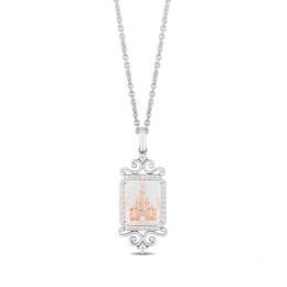 Enchanted Disney Emerald-Cut Topaz and 0.145 CT. T.W. Diamond Castle Pendant in Sterling Silver and 14K Rose Gold