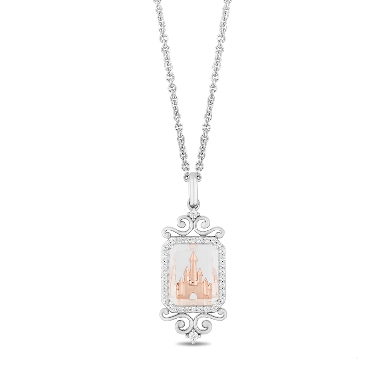 Enchanted Disney Emerald-Cut Topaz and 0.145 CT. T.W. Diamond Castle Pendant in Sterling Silver and 14K Rose Gold