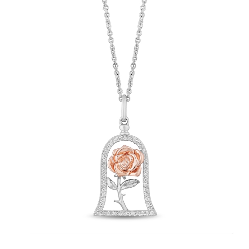 Enchanted Disney Belle 0.18 CT. T.W. Diamond Rose Dome Frame Pendant in Sterling Silver and 14K Rose Gold