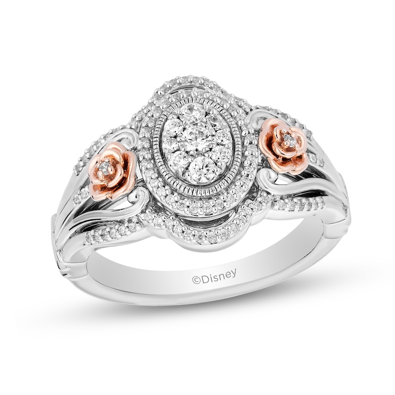 Main Image 1 of Enchanted Disney Belle 0.29 CT. T.W. Oval-Shaped Multi-Diamond Rose-Sides Ring in Sterling Silver and 10K Rose Gold