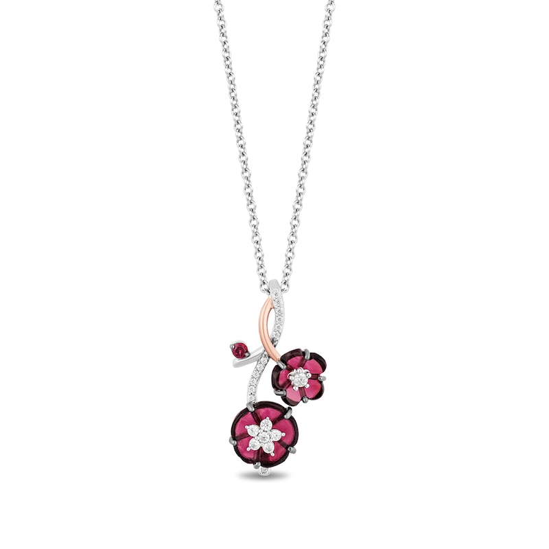 Main Image 1 of Enchanted Disney Mulan Rhodolite Garnet and 0.145 CT. T.W. Diamond Flower Vine Pendant in Sterling Silver and Rose Gold