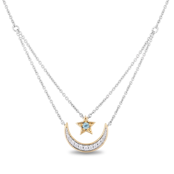 Enchanted Disney Swiss Blue Topaz and Diamond Star and Moon Layered Necklace in Sterling Silver and 14K Gold - 21”