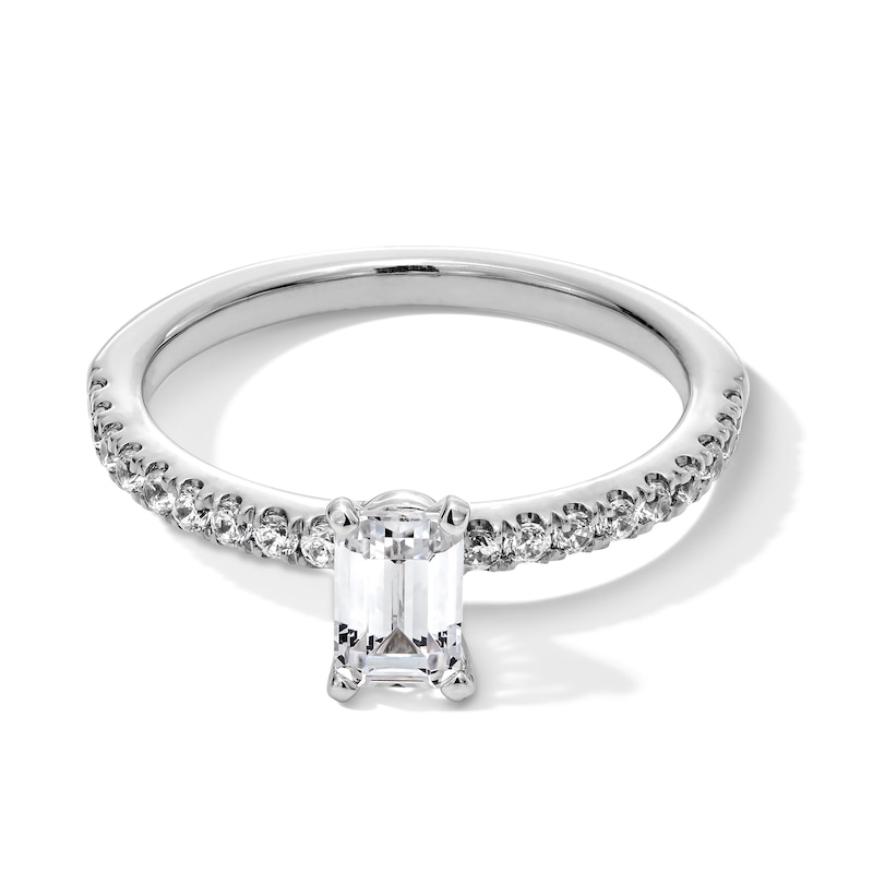 Main Image 1 of 1.00 CT. T.W. Emerald-Cut Certified Lab-Created Diamond Engagement Ring in 14K White Gold (F/VS2)