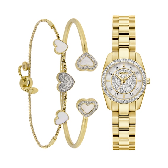 Ladies' Bulova Crystal Collection Gold-Tone IP Watch with Mother-of Pearl Dial and Heart Bracelets Box Set (Model: 98X137)