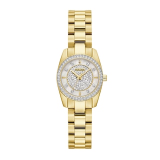 Ladies' Bulova Crystal Collection Gold-Tone IP Watch with Mother-of Pearl Dial and Heart Bracelets Box Set (Model: 98X137)