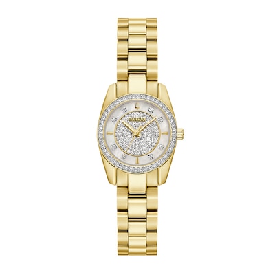 Ladies' Bulova Crystal Collection Gold-Tone IP Watch with Mother-of Pearl Dial and Heart Bracelets Box Set (Model: 98X137)