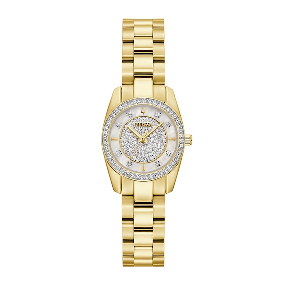 Ladies' Bulova Crystal Collection Gold-Tone IP Watch with Mother-of Pearl Dial and Heart Bracelets Box Set (Model: 98X137)