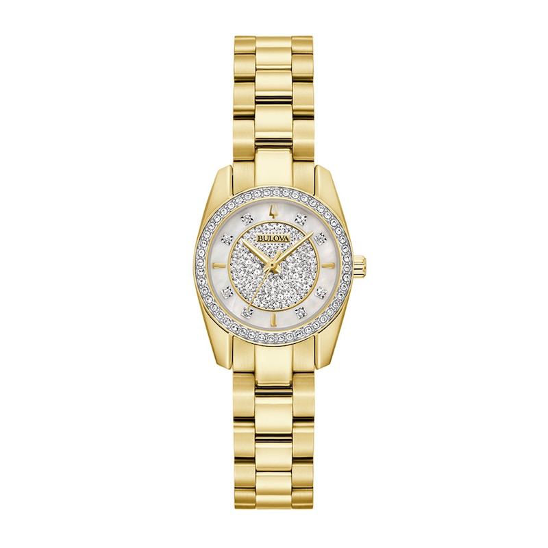 Main Image 3 of Ladies' Bulova Crystal Collection Gold-Tone IP Watch with Mother-of Pearl Dial and Heart Bracelets Box Set (Model: 98X137)