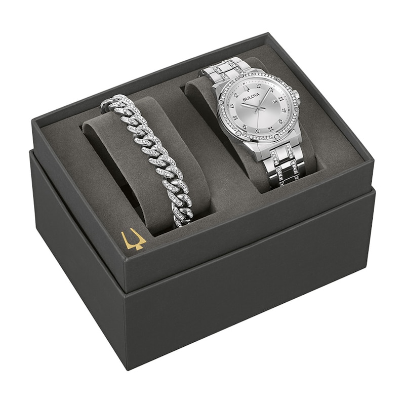 Men’s Bulova Crystal Collection Watch and Cuban Curb Chain Bracelet Box Set (Model: 96K114)