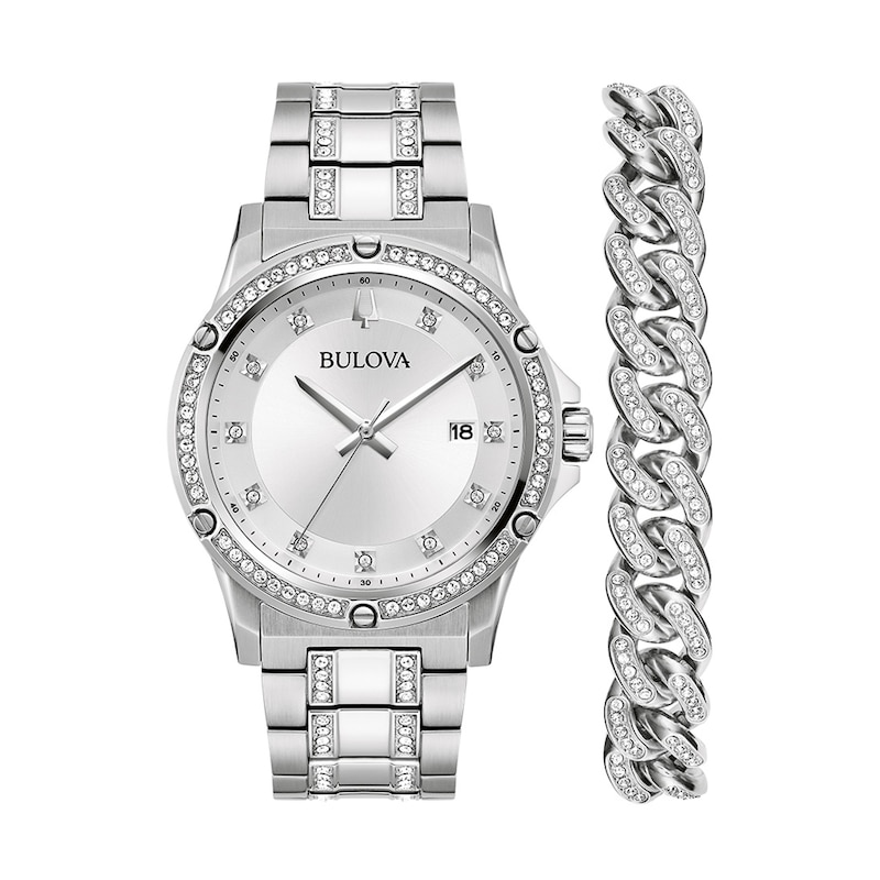 Men’s Bulova Crystal Collection Watch and Cuban Curb Chain Bracelet Box Set (Model: 96K114)