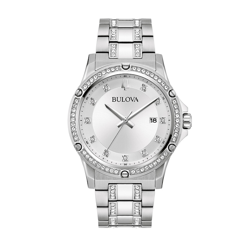 Men’s Bulova Crystal Collection Watch and Cuban Curb Chain Bracelet Box Set (Model: 96K114)