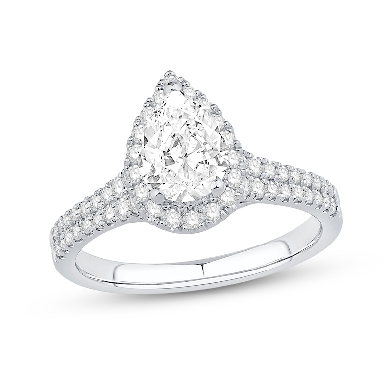 1.45 CT. T.W. Pear-Shaped Certified Diamond Frame Double Row Shank Engagement Ring in 14K White Gold (I/I1)