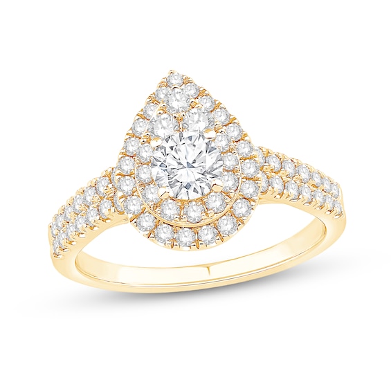 1.15 CT. T.W. Diamond Double Pear-Shaped Frame Double Row Shank Engagement Ring in 14K Gold