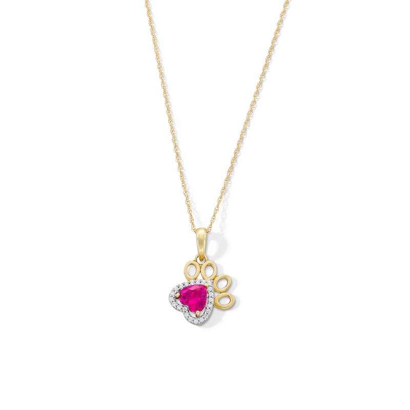 5.0mm Heart-Shaped Lab-Created Ruby and 0.05 CT. T.W. Diamond Frame Paw Print Pendant in 10K Gold