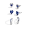 Blue and White Lab-Created Sapphire Heart Stud and Hoop Three Pair Earrings Set in Sterling Silver