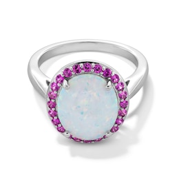 Oval Lab-Created Opal and Pink Lab-Created Sapphire Frame Ring in Sterling Silver