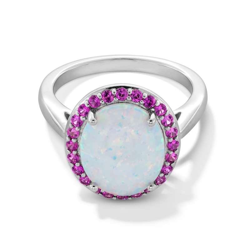 Oval Lab-Created Opal and Pink Lab-Created Sapphire Frame Ring in Sterling Silver