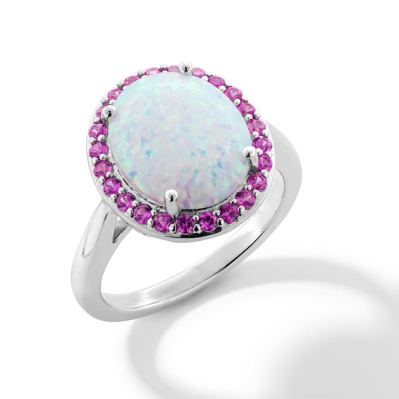 Main Image 3 of Oval Lab-Created Opal and Pink Lab-Created Sapphire Frame Ring in Sterling Silver