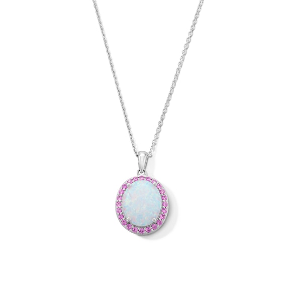 Oval Lab-Created Opal and Pink Lab-Created Sapphire Frame Pendant in Sterling Silver