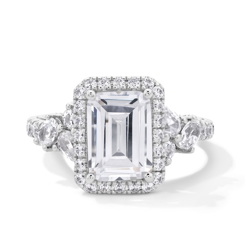 Main Image 1 of Emmy London 3.50 CT. T.W. Emerald-Cut Certified Lab-Created Diamond Frame Tri-Sides Engagement Ring in 18K White Gold