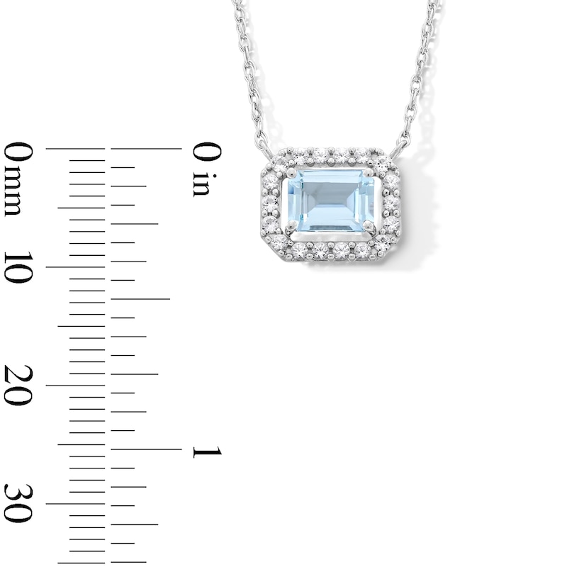 Main Image 3 of Emerald-Cut Aquamarine and White Lab-Created Sapphire Frame Sideways Necklace in Sterling Silver