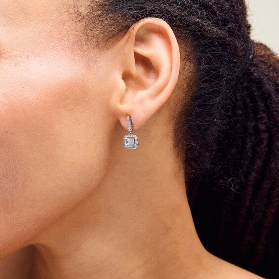 Emerald-Cut Aquamarine and White Lab-Created Sapphire Frame Drop Earrings in Sterling Silver