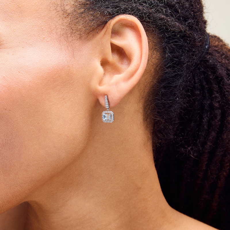 Main Image 2 of Emerald-Cut Aquamarine and White Lab-Created Sapphire Frame Drop Earrings in Sterling Silver