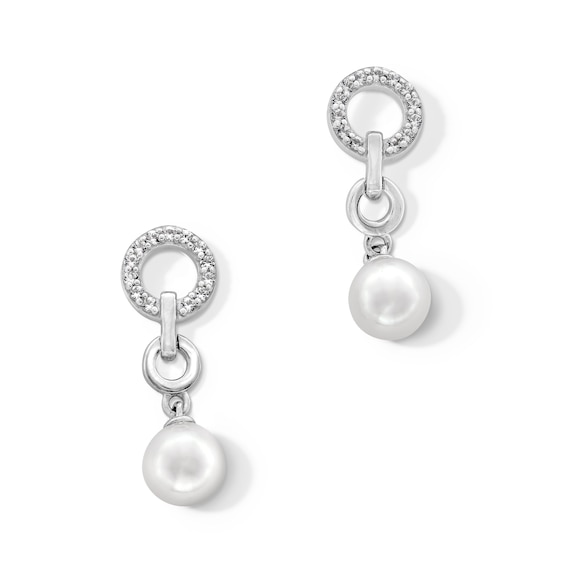 5.0mm Freshwater Cultured Pearl and White Lab-Created Sapphire Drop Earrings in Sterling Silver