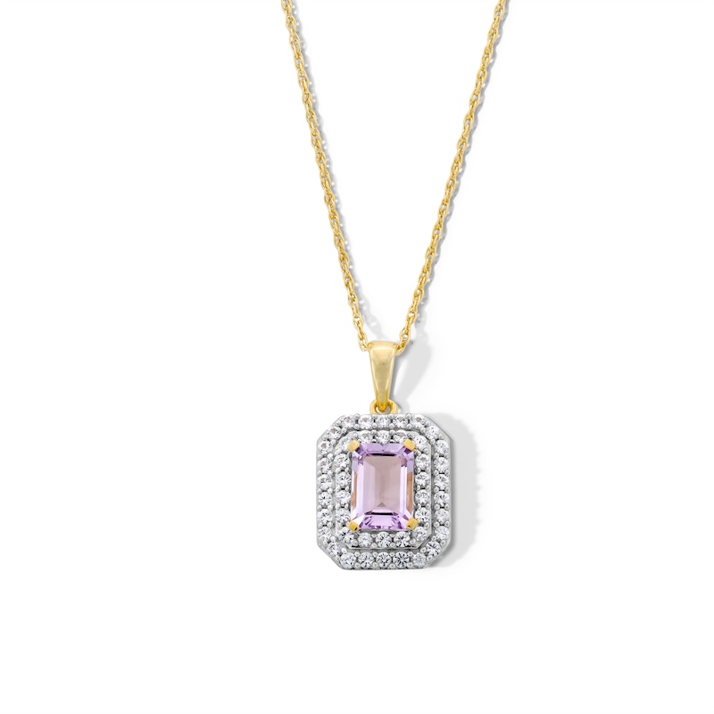 Main Image 1 of Emerald-Cut Amethyst and White Lab-Created Sapphire Double Frame Pendant in 10K Gold