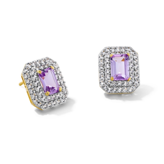 Emerald-Cut Amethyst and White Lab-Created Sapphire Double Frame Stud Earrings in 10K Gold