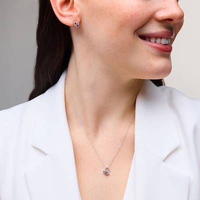 Pink Quartz and White Lab-Created Sapphire Tilted Heart Pendant and Stud Earrings Set in Sterling Silver