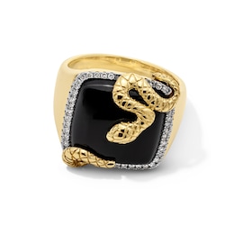 Cushion-Cut Onyx and 0.25 CT. T.W. Diamond Frame Snake Signet Ring in 10K Gold