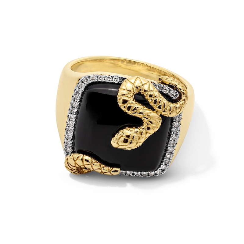 Main Image 1 of Cushion-Cut Onyx and 0.25 CT. T.W. Diamond Frame Snake Signet Ring in 10K Gold