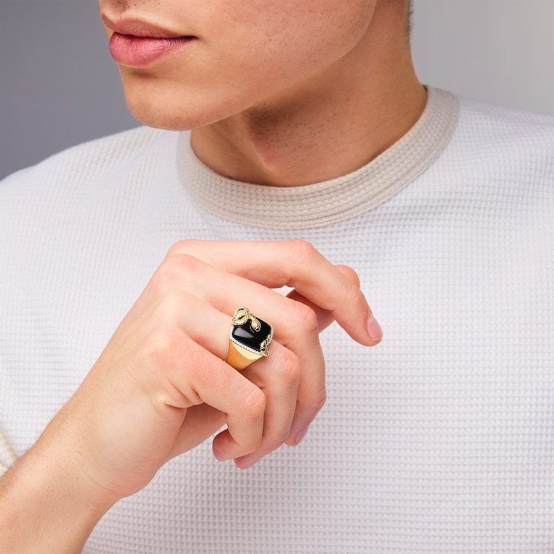 Main Image 2 of Cushion-Cut Onyx and 0.25 CT. T.W. Diamond Frame Snake Signet Ring in 10K Gold