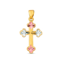 Diamond-Cut Fleur-de-Lis Cross Necklace Charm in Semi-Solid 14K Tri-Tone Gold