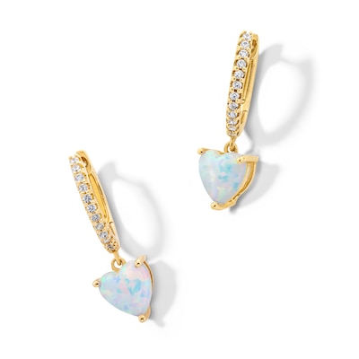 6.0mm Heart-Shaped Lab-Created Opal and 0.115 CT. T.W. Diamond Hoop Drop Earrings in 10K Gold