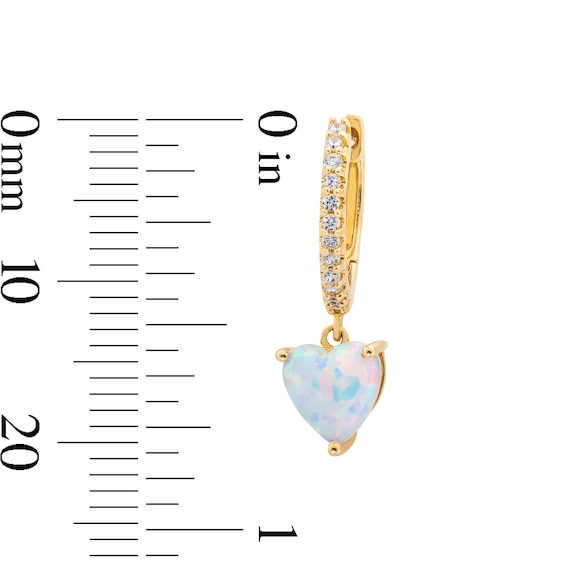 6.0mm Heart-Shaped Lab-Created Opal and 0.115 CT. T.W. Diamond Hoop Drop Earrings in 10K Gold