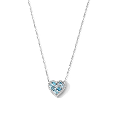 Baguette and Princess-Cut Blue Topaz with White Lab-Created Sapphire Heart Necklace in Sterling Silver