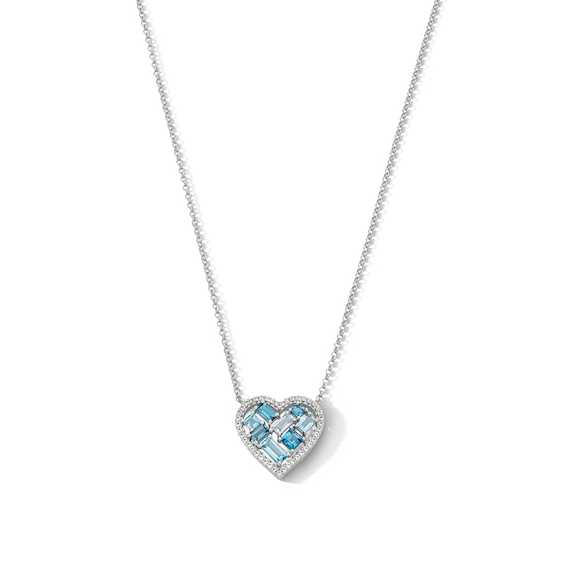 Baguette and Princess-Cut Blue Topaz with White Lab-Created Sapphire Heart Necklace in Sterling Silver