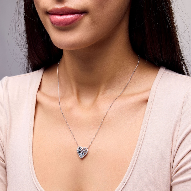 Baguette and Princess-Cut Blue Topaz with White Lab-Created Sapphire Heart Necklace in Sterling Silver