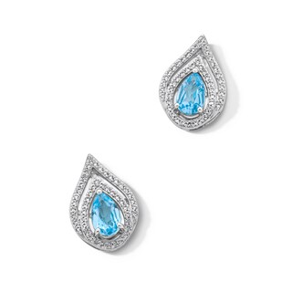 Pear-Shaped Swiss Blue Topaz and White Lab-Created Sapphire Double Frame Stud Earrings in Sterling Silver