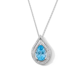 Pear-Shaped Swiss Blue Topaz and White Lab-Created Sapphire Double Frame Pendant in Sterling Silver