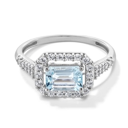 Sideways Emerald-Cut Blue Aquamarine and White Lab-Created Sapphire Frame Ring in Sterling Silver