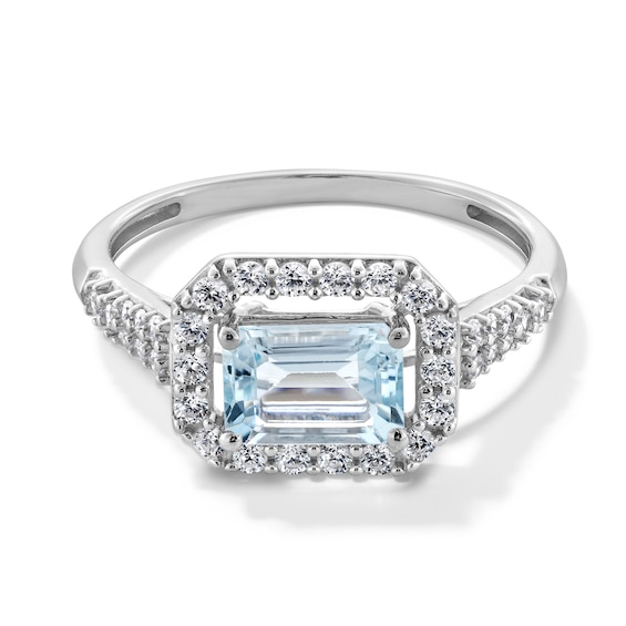 Sideways Emerald-Cut Blue Aquamarine and White Lab-Created Sapphire Frame Ring in Sterling Silver