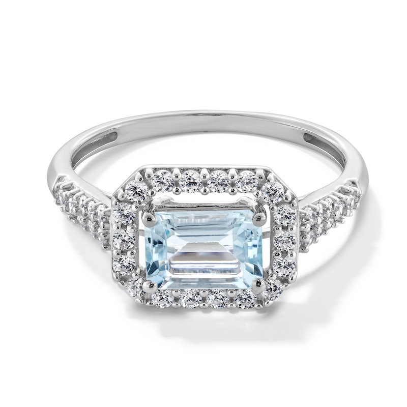 Main Image 1 of Sideways Emerald-Cut Blue Aquamarine and White Lab-Created Sapphire Frame Ring in Sterling Silver