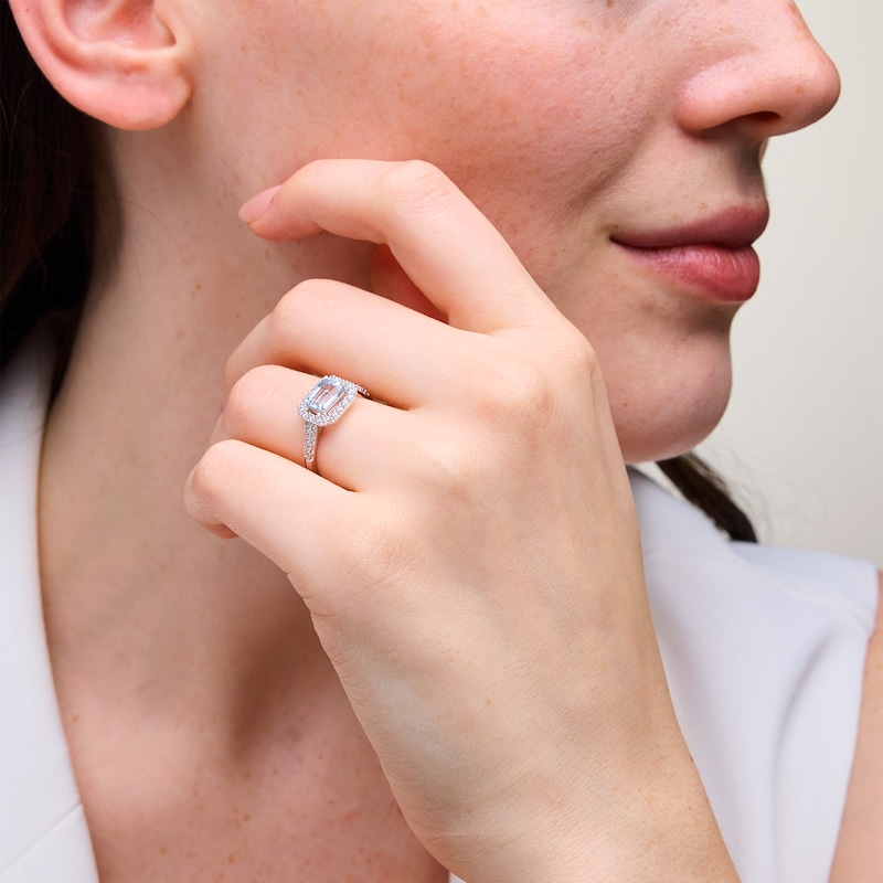 Sideways Emerald-Cut Blue Aquamarine and White Lab-Created Sapphire Frame Ring in Sterling Silver