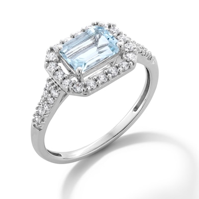 Sideways Emerald-Cut Blue Aquamarine and White Lab-Created Sapphire Frame Ring in Sterling Silver