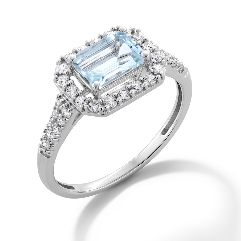 Main Image 2 of Sideways Emerald-Cut Blue Aquamarine and White Lab-Created Sapphire Frame Ring in Sterling Silver